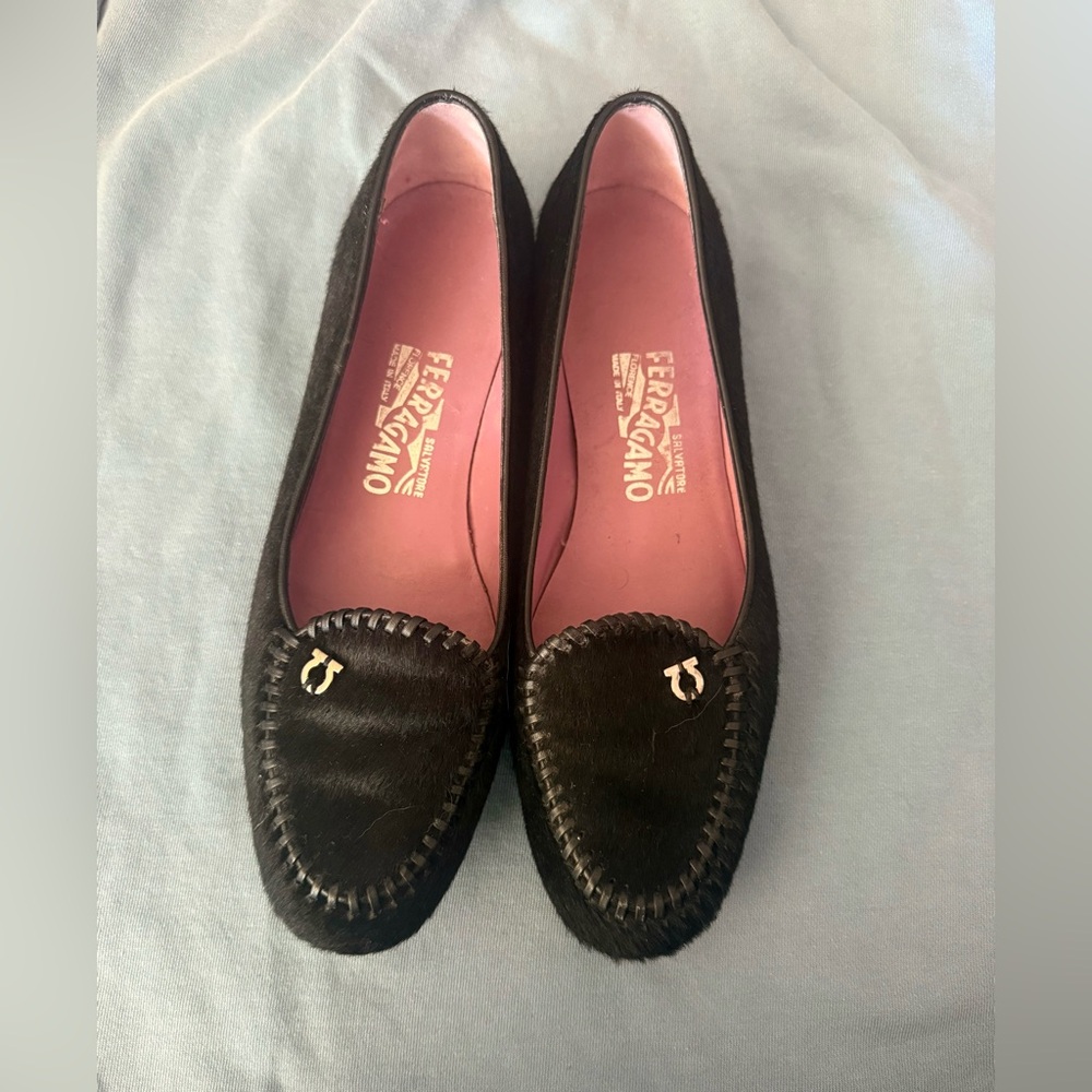 FARAGAMO CALF HAIR WHIPSTITCH TRIM LOAFERS Size 7.5 B